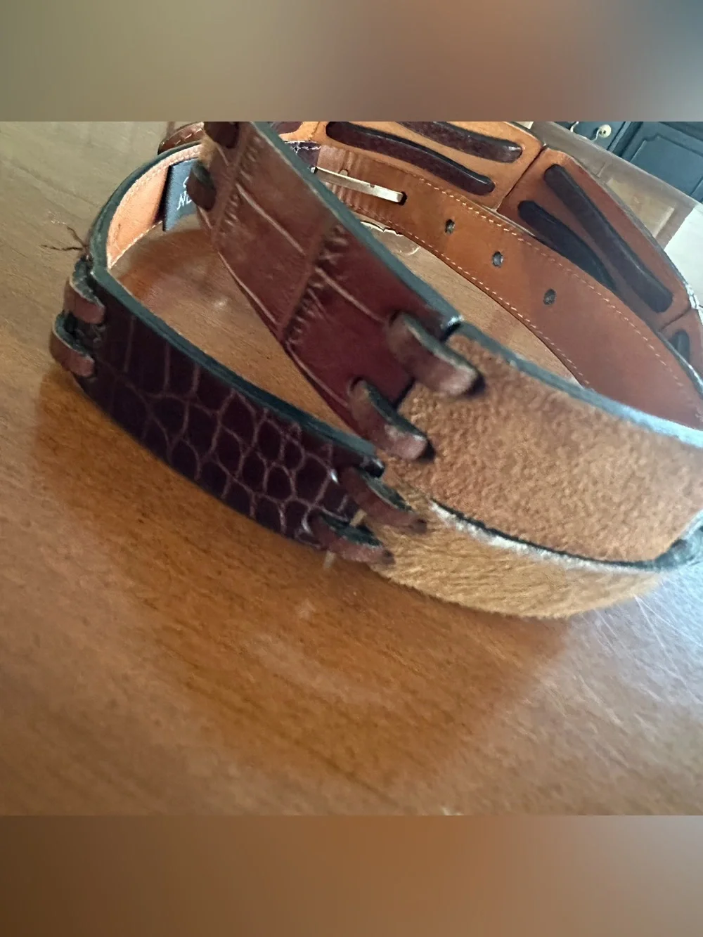 Brighton Genuine Leather Hair-On Hide Patchwork Belt Western Boho Brown Sz M 30